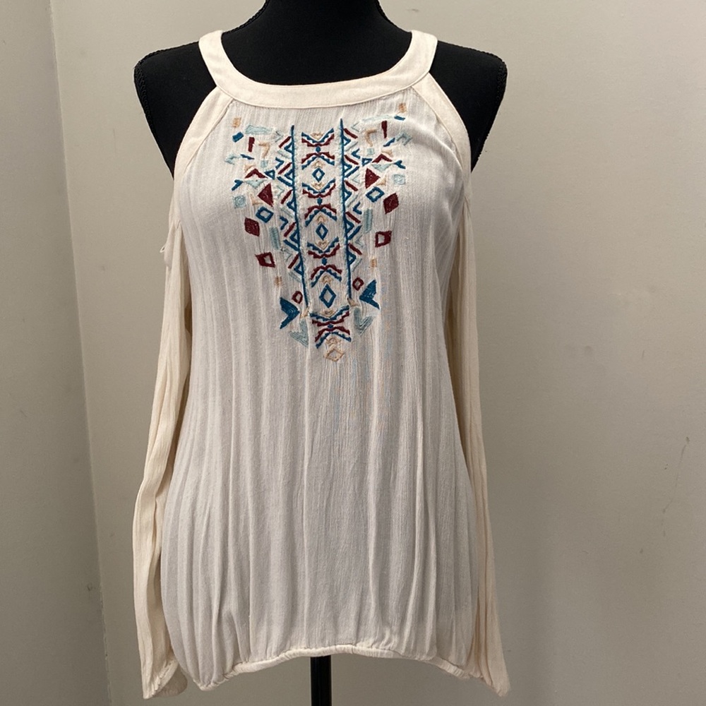 C Wonder Womens Off White Aztec Embroidered Cold Shoulder Boho Blouse Large